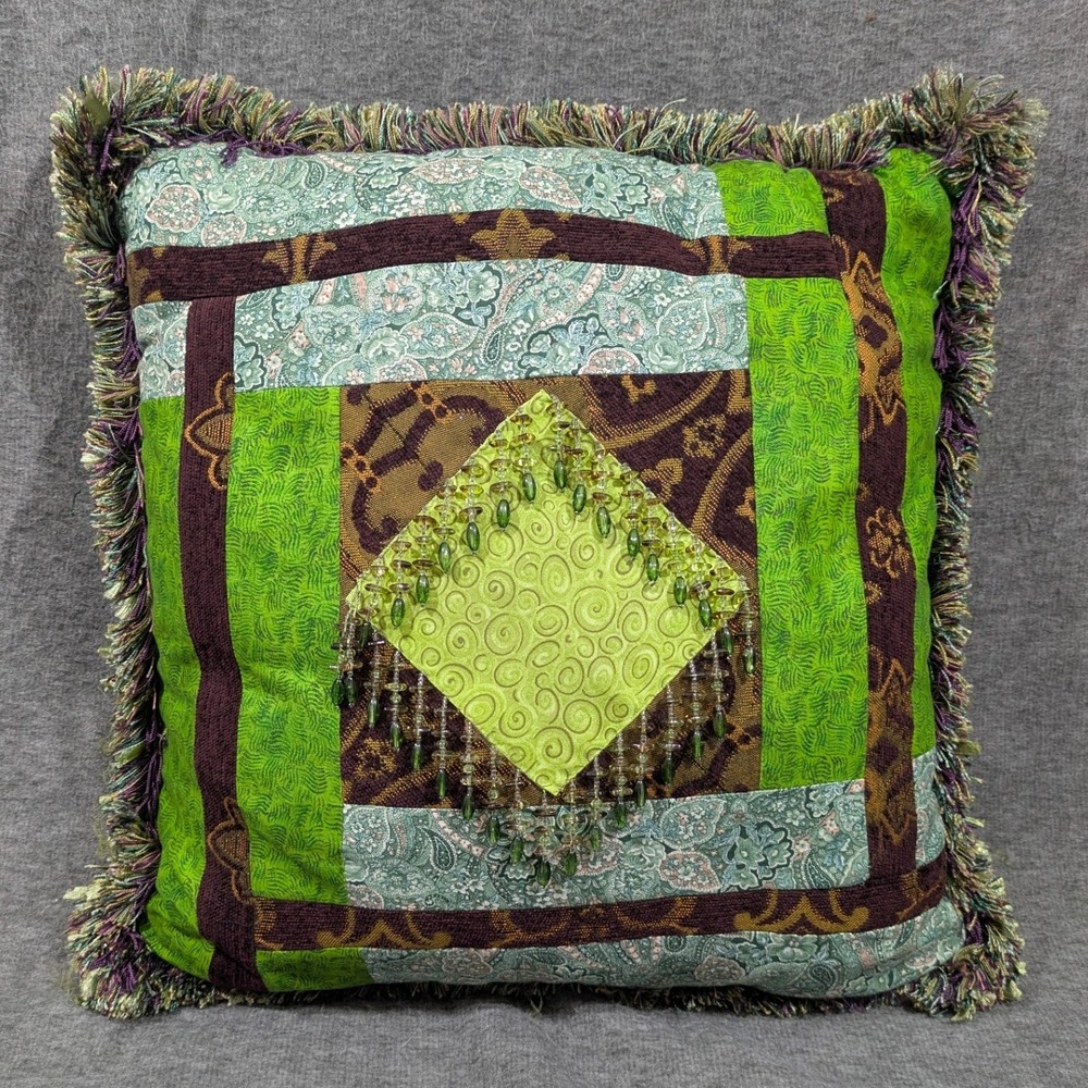 Bohemian Gypsy Hippie Green Purple Patchwork Beaded Throw Pillow 18 x 18